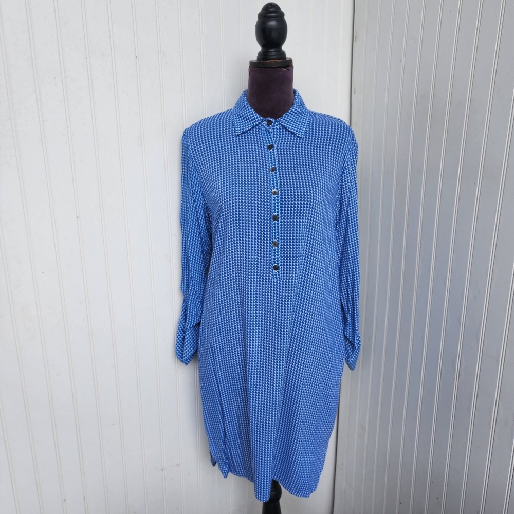 Tina Stephens Dress Womens Blue White Soft Roll Tab Sleeves Shirt Button Dress S